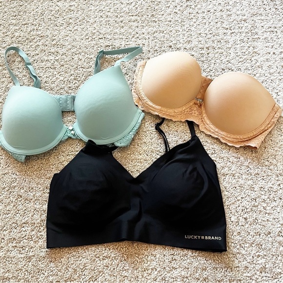 Aerie Bra 32B T-Shirt Bra Everyday Lace Trim Tan Black Green Push Up Lot 3x - Picture 1 of 15